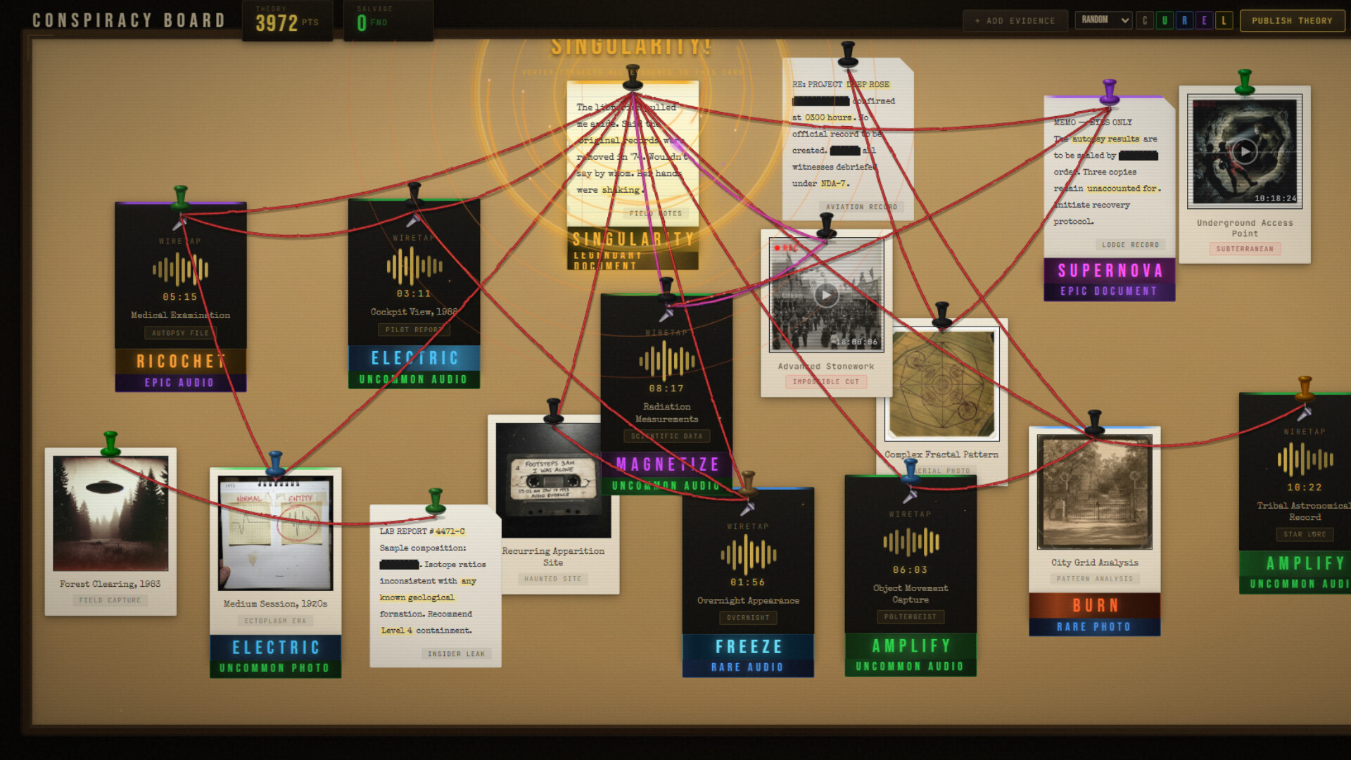 Conspiracy board covered in evidence cards connected by red strings with theory scores and categories